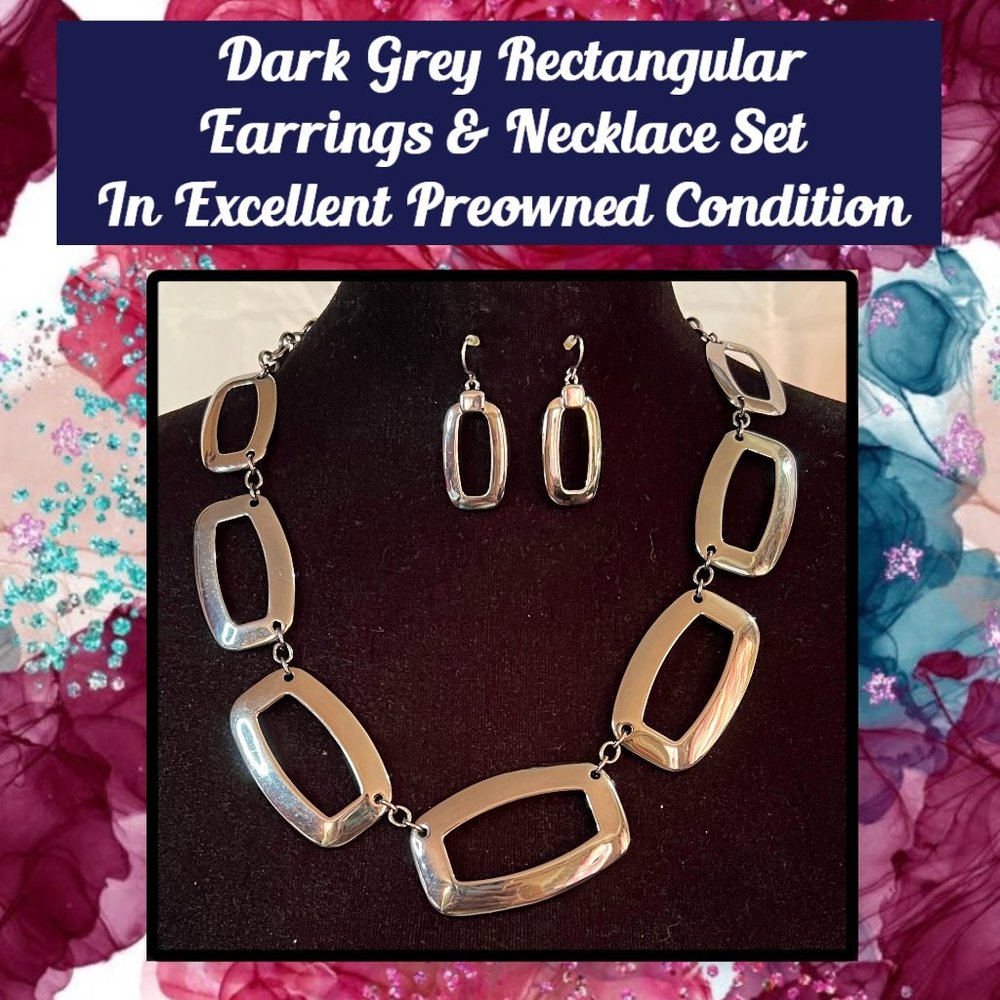 Dark Grey Rectangular Earrings & Necklace Set